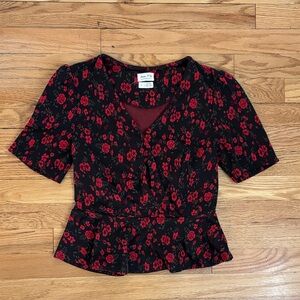 Anthropologie Black and Red Peplum Floral Blouse